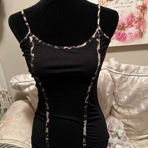 Stylish Cache Black Top with Leopard Trim Accents